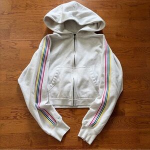 Abercrombie Full Zip Sweatshirt Soft Cropped Hoodie Rainbow Ribbon Gray Ivory  M